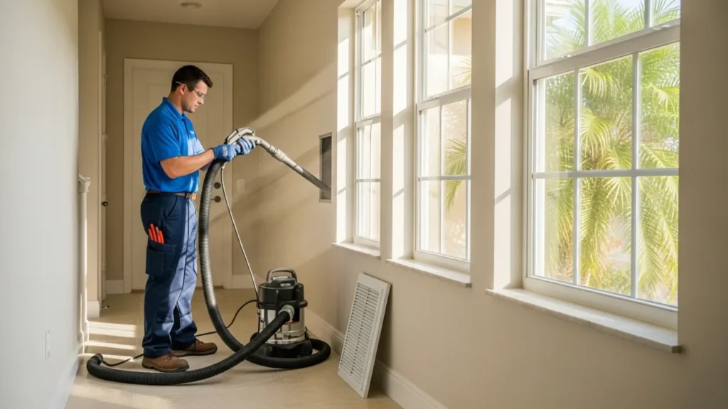 Professional technician using air duct cleaning equipment in residential hallway.