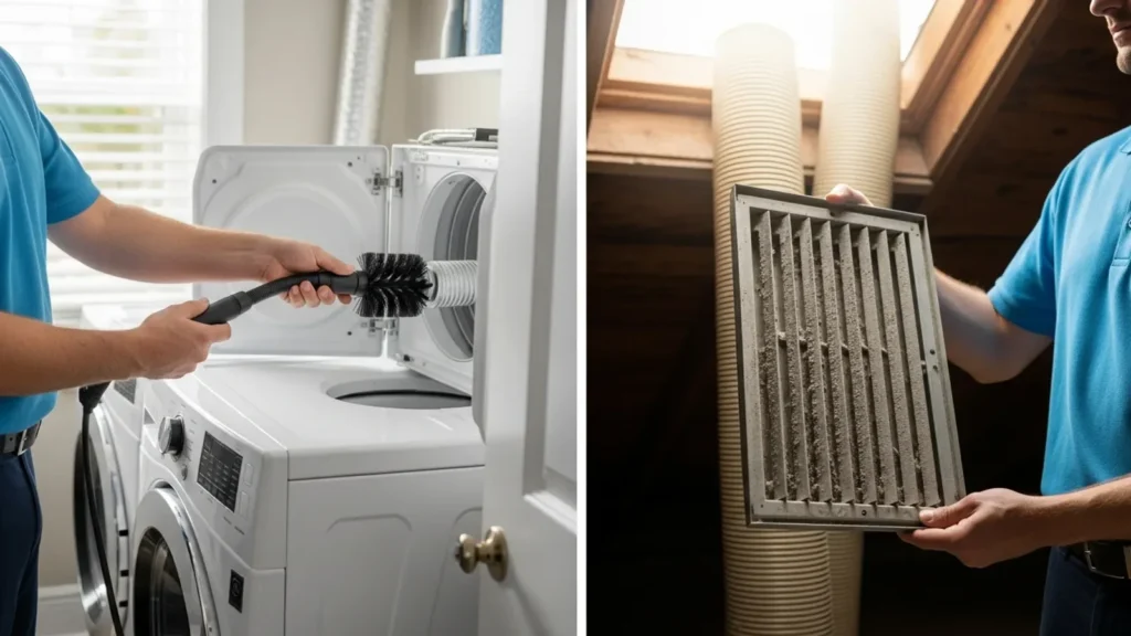 HVAC technician cleaning dryer vent and inspecting air filter during home maintenance service.