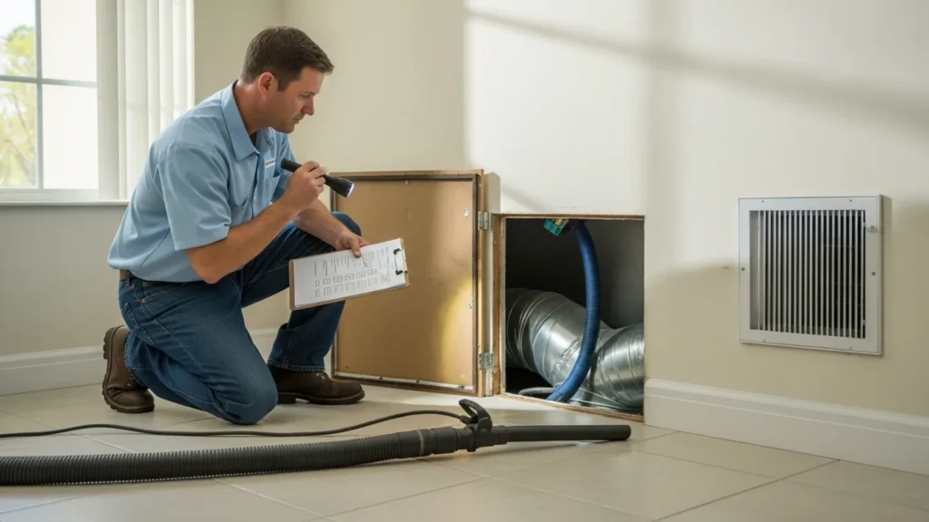 HVAC technician inspects ductwork and conducts air system maintenance inspection.