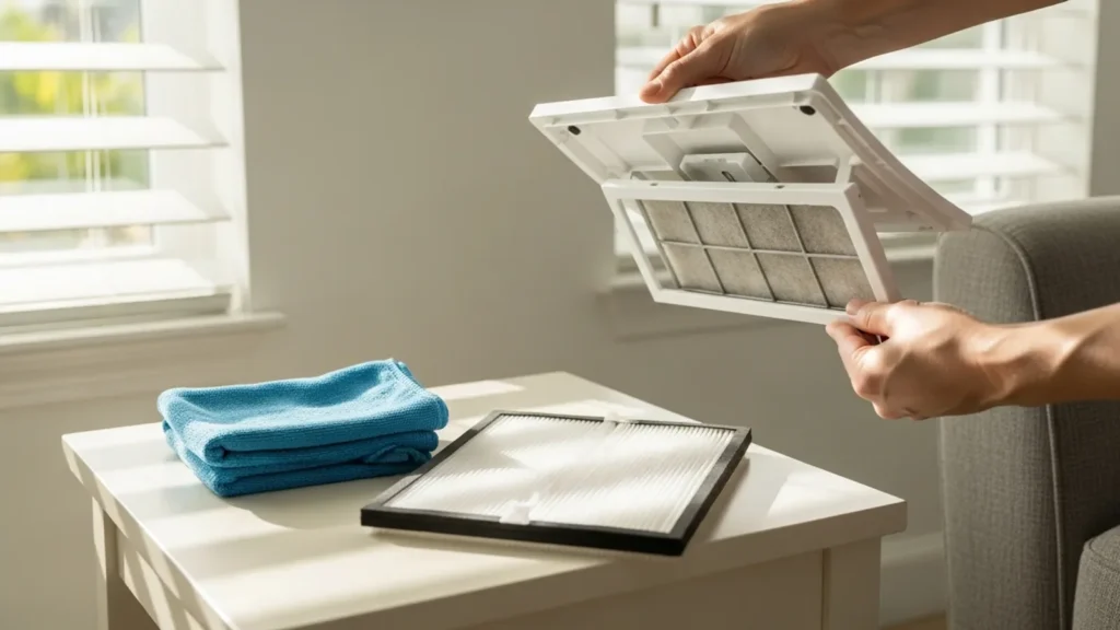 Person replacing HVAC air filter at home during routine maintenance.
