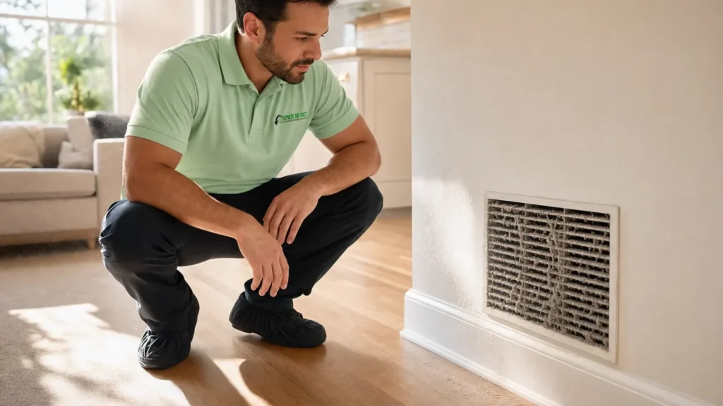 HVAC technician inspects dirty air filter in residential home
